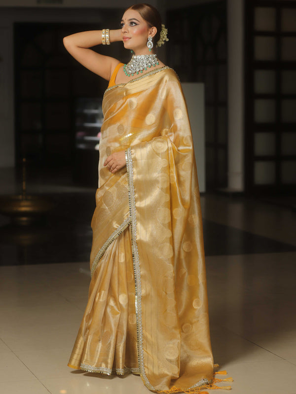 Banarasee Handwoven Tissue Saree Zari Border & Buta Design With Lace-Y