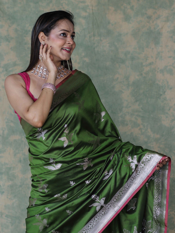 Banarasee Handloom Semi Silk Saree With Silver Zari Floral Design & Border-Leaf Green