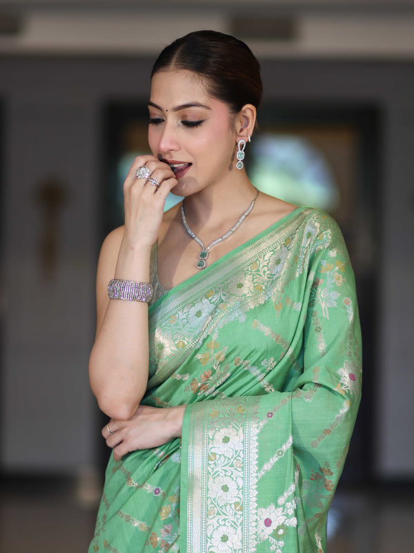 Banarasee Handloom Pure Chiniya Silk Saree With Zari Meena Work-Light Green