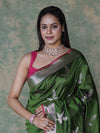 Banarasee Handloom Semi Silk Saree With Silver Zari Floral Design & Border-Leaf Green
