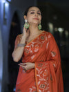 Banarasee Handloom Semi Silk Saree With Leaf Pattern & Floral Zari Border-Orange (Dual Tone)