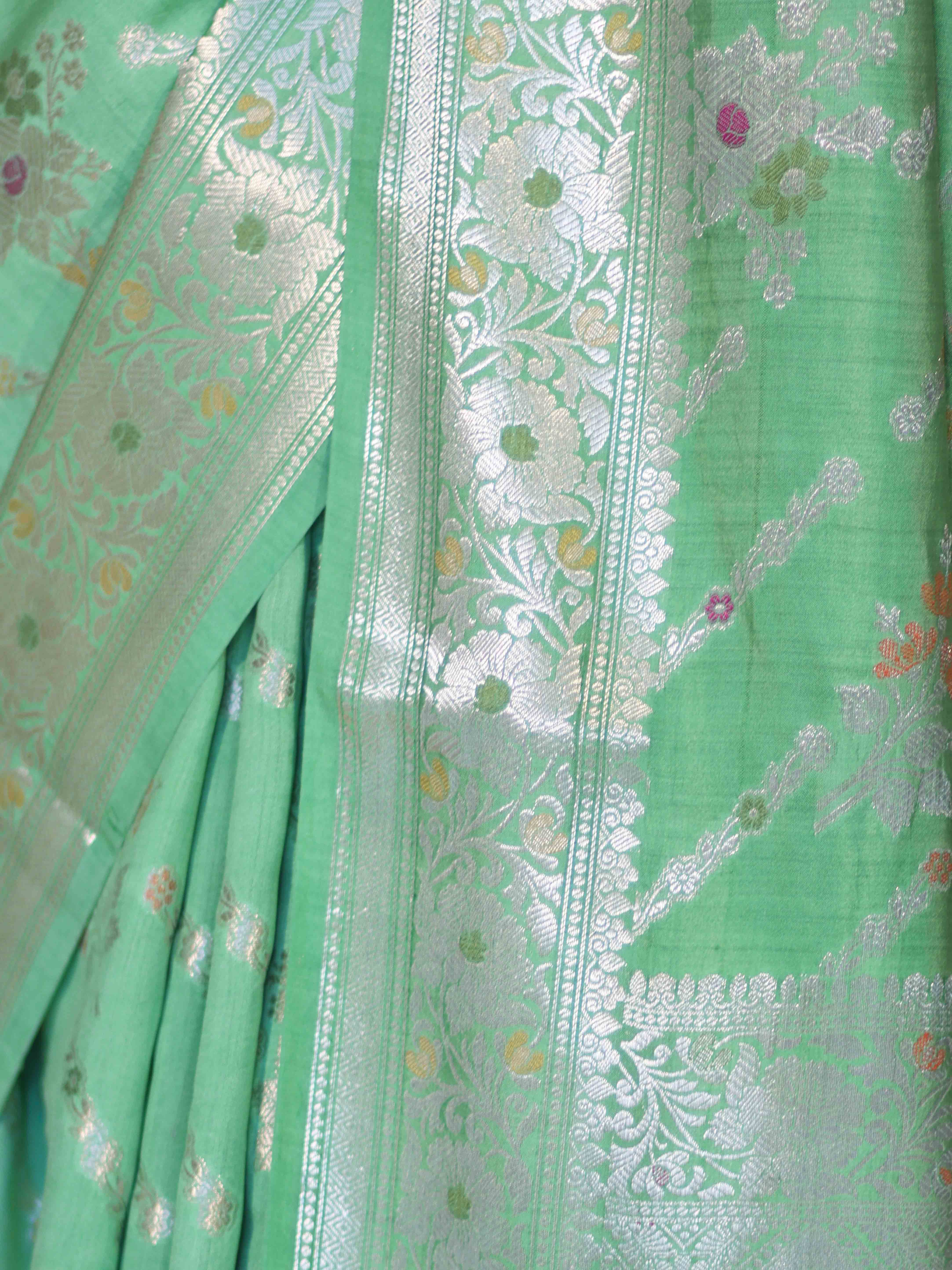 Banarasee Handloom Pure Chiniya Silk Saree With Zari Meena Work-Light Green