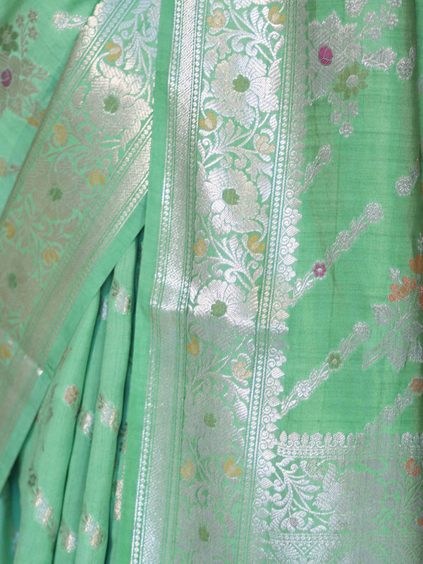 Banarasee Handloom Pure Chiniya Silk Saree With Zari Meena Work-Light Green