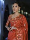 Banarasee Handloom Semi Silk Saree With Leaf Pattern & Floral Zari Border-Orange (Dual Tone)