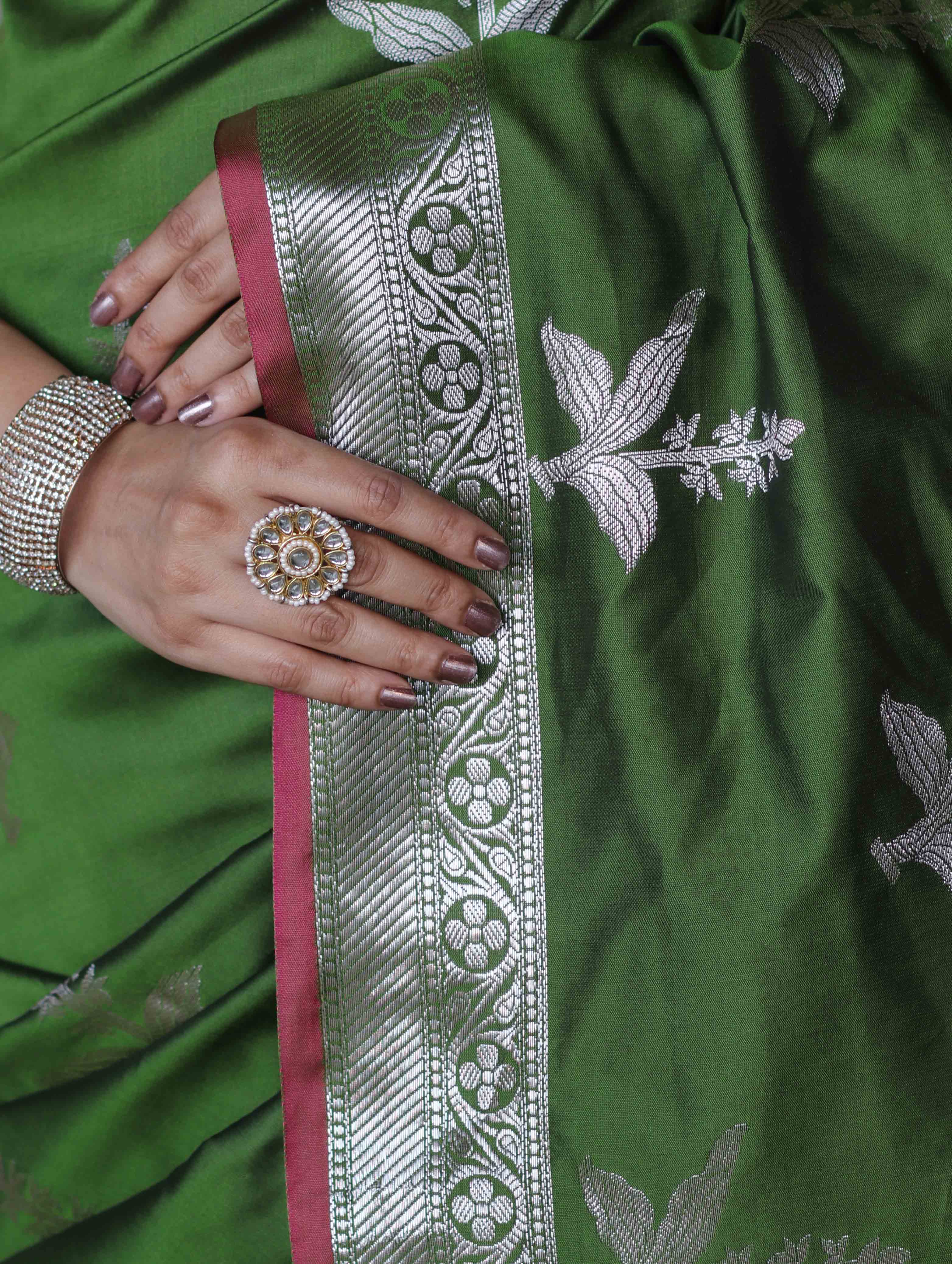 Banarasee Handloom Semi Silk Saree With Silver Zari Floral Design & Border-Leaf Green