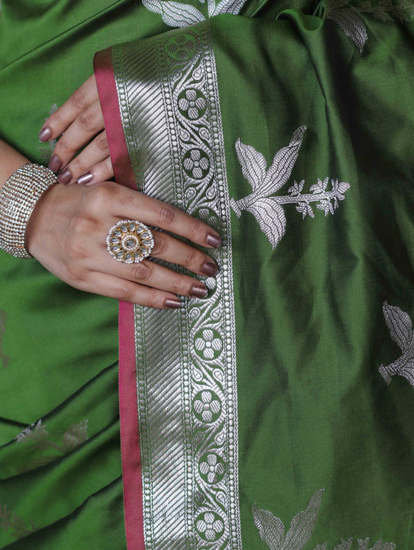 Banarasee Handloom Semi Silk Saree With Silver Zari Floral Design & Border-Leaf Green