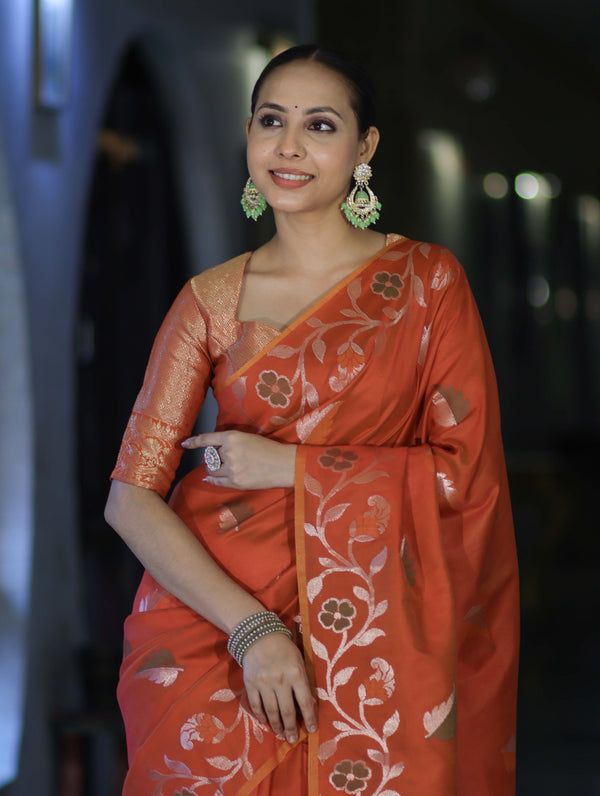 Banarasee Handloom Semi Silk Saree With Leaf Pattern & Floral Zari Border-Orange (Dual Tone)