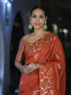 Banarasee Handloom Semi Silk Saree With Leaf Pattern & Floral Zari Border-Orange (Dual Tone)