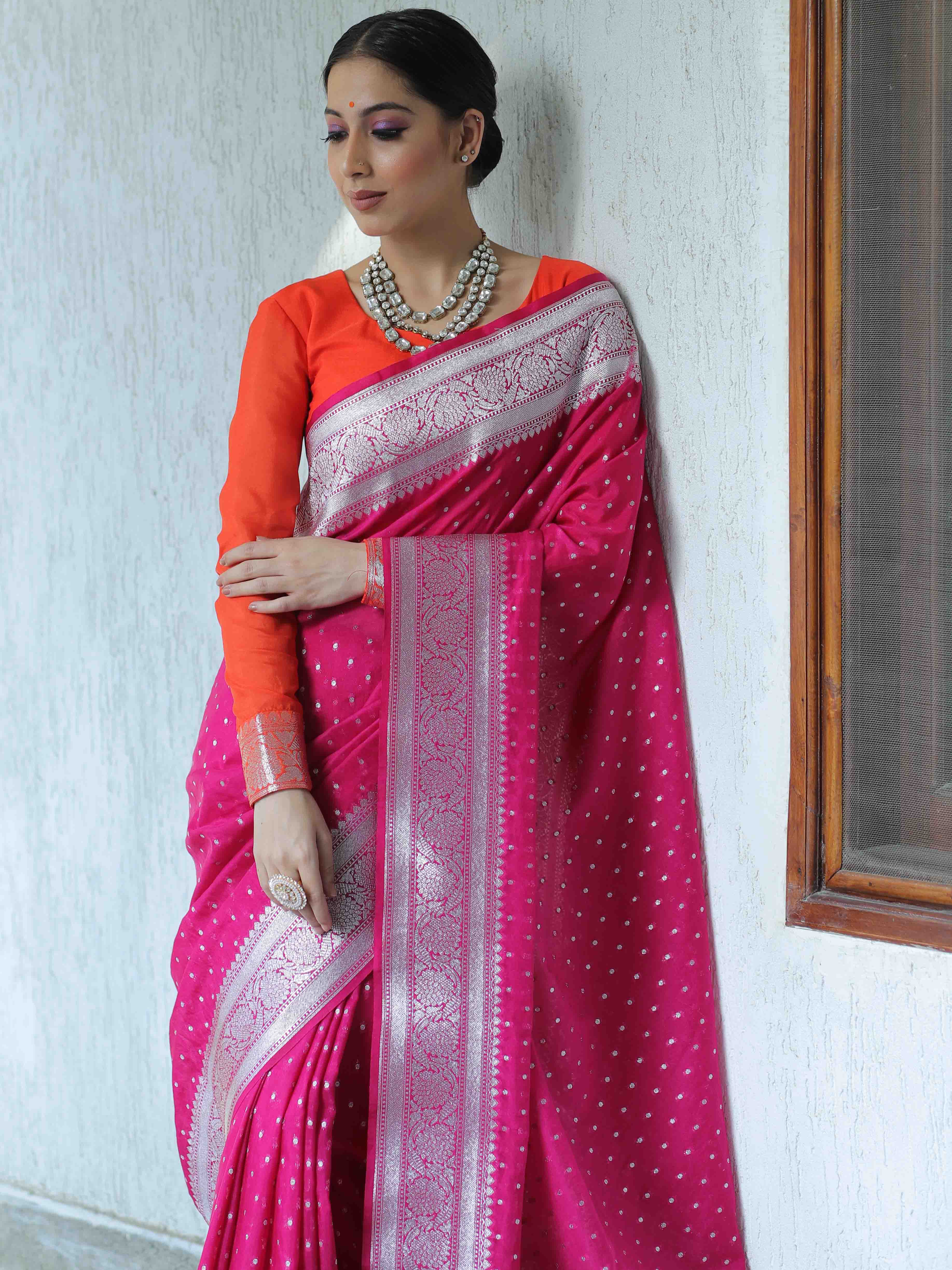 Banarasee Handwoven Faux Georgette Saree With Silver Zari Polka Buti Design-Pink
