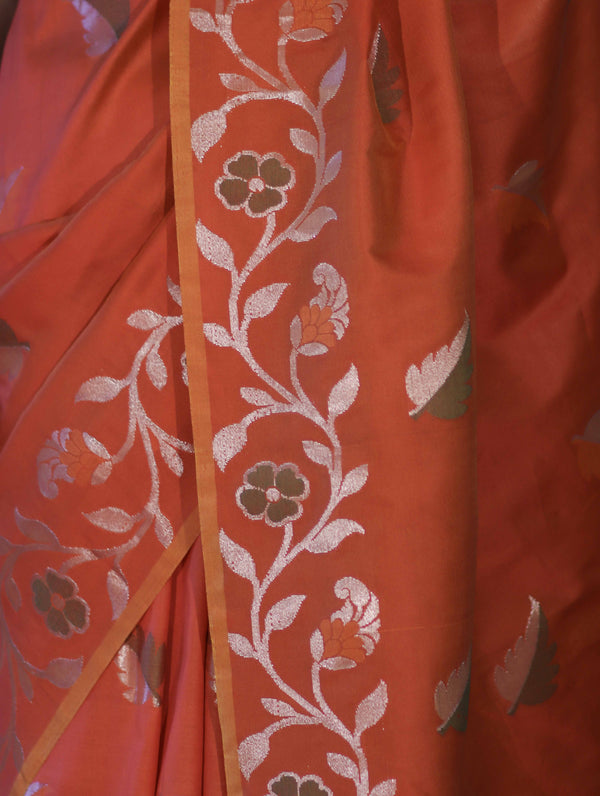 Banarasee Handloom Semi Silk Saree With Leaf Pattern & Floral Zari Border-Orange (Dual Tone)