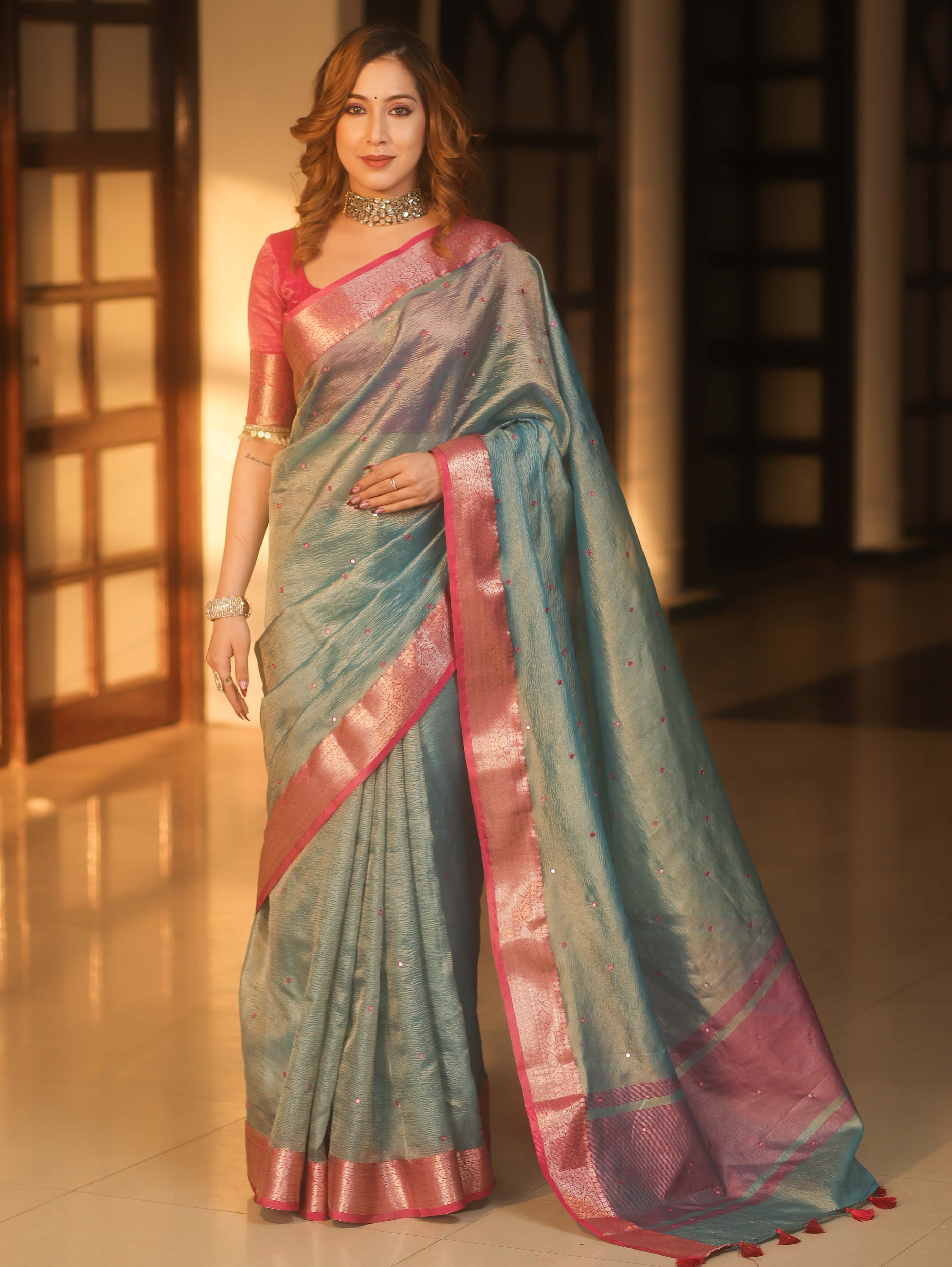 Banarasee Handwoven Mirror Work Crushed Tissue Saree With Contrast Border-Blue & Pink