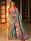 Banarasee Handwoven Mirror Work Crushed Tissue Saree With Contrast Border-Blue & Pink
