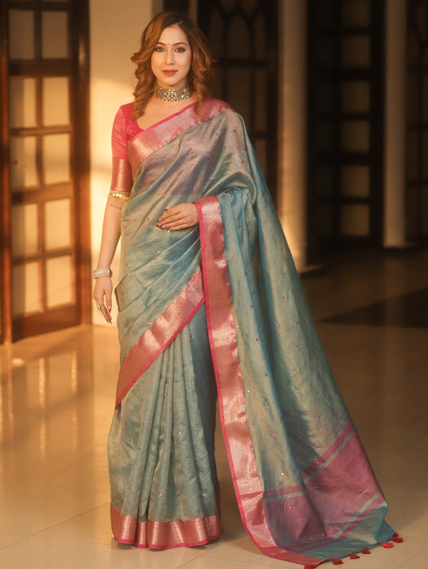 Banarasee Handwoven Mirror Work Crushed Tissue Saree With Contrast Border-Blue & Pink