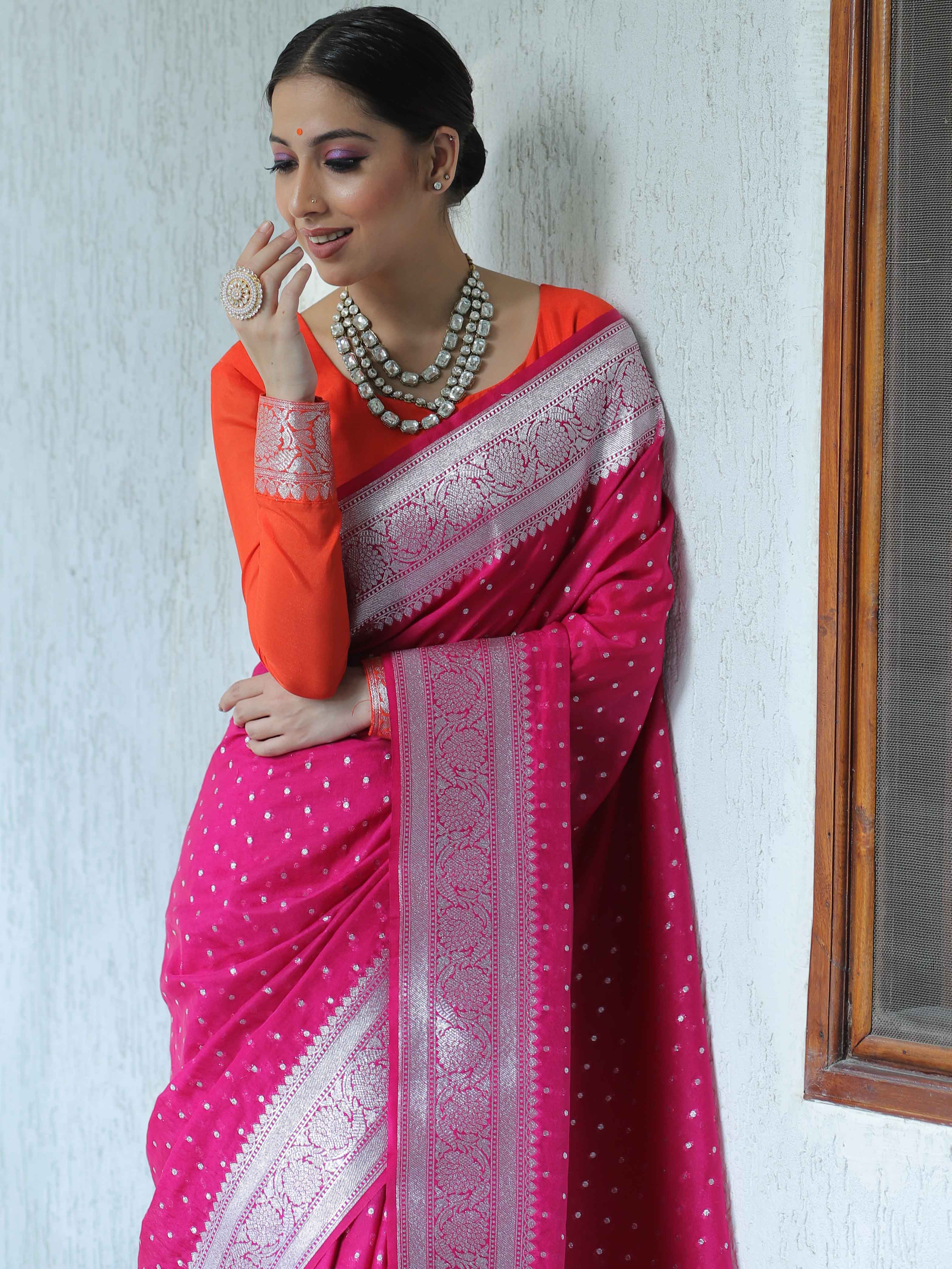 Banarasee Handwoven Faux Georgette Saree With Silver Zari Polka Buti Design-Pink