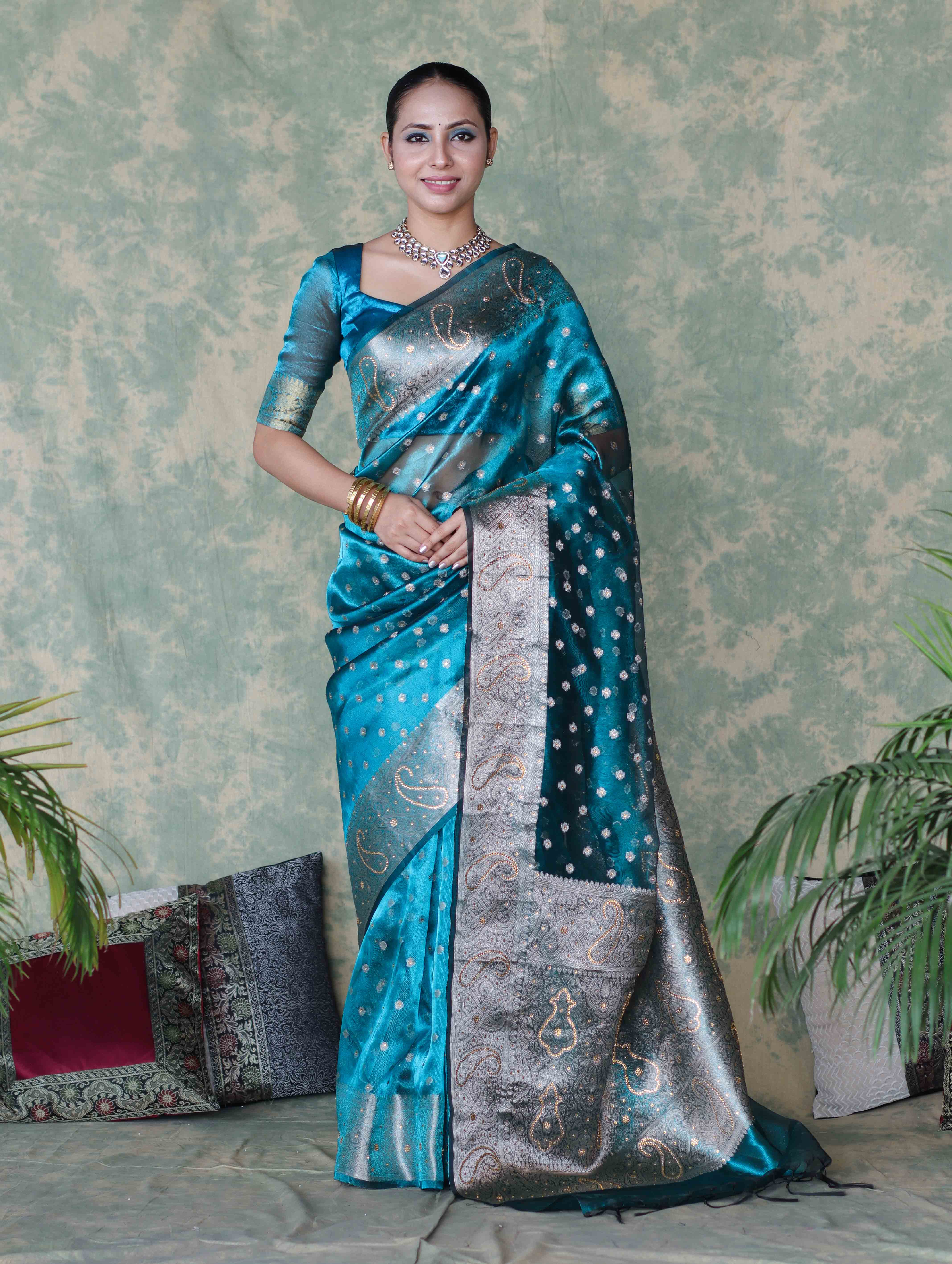 Banarasee Handwoven Tissue Saree With Zari Buti & Swarovski Work-Turquoise Blue