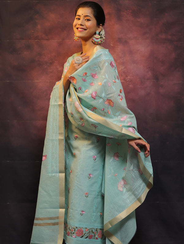 Banarasee Embroidered Linen Cotton Salwar Kameez With Dupatta-Blue