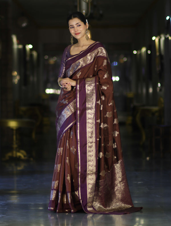 Banarasee Handloom Semi Silk Saree With Zari Buta Work Contrast Border-Brown