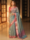 Banarasee Handwoven Mirror Work Crushed Tissue Saree With Contrast Border-Blue & Pink