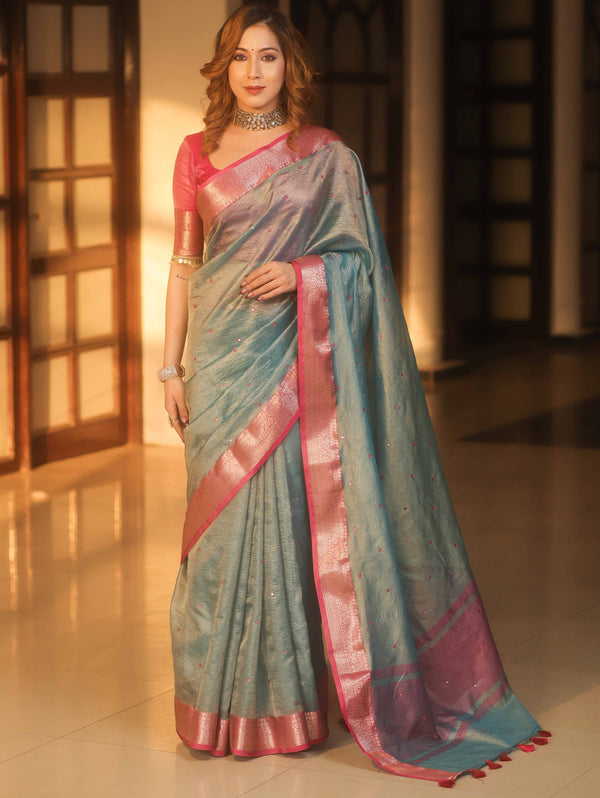 Banarasee Handwoven Mirror Work Crushed Tissue Saree With Contrast Border-Blue & Pink