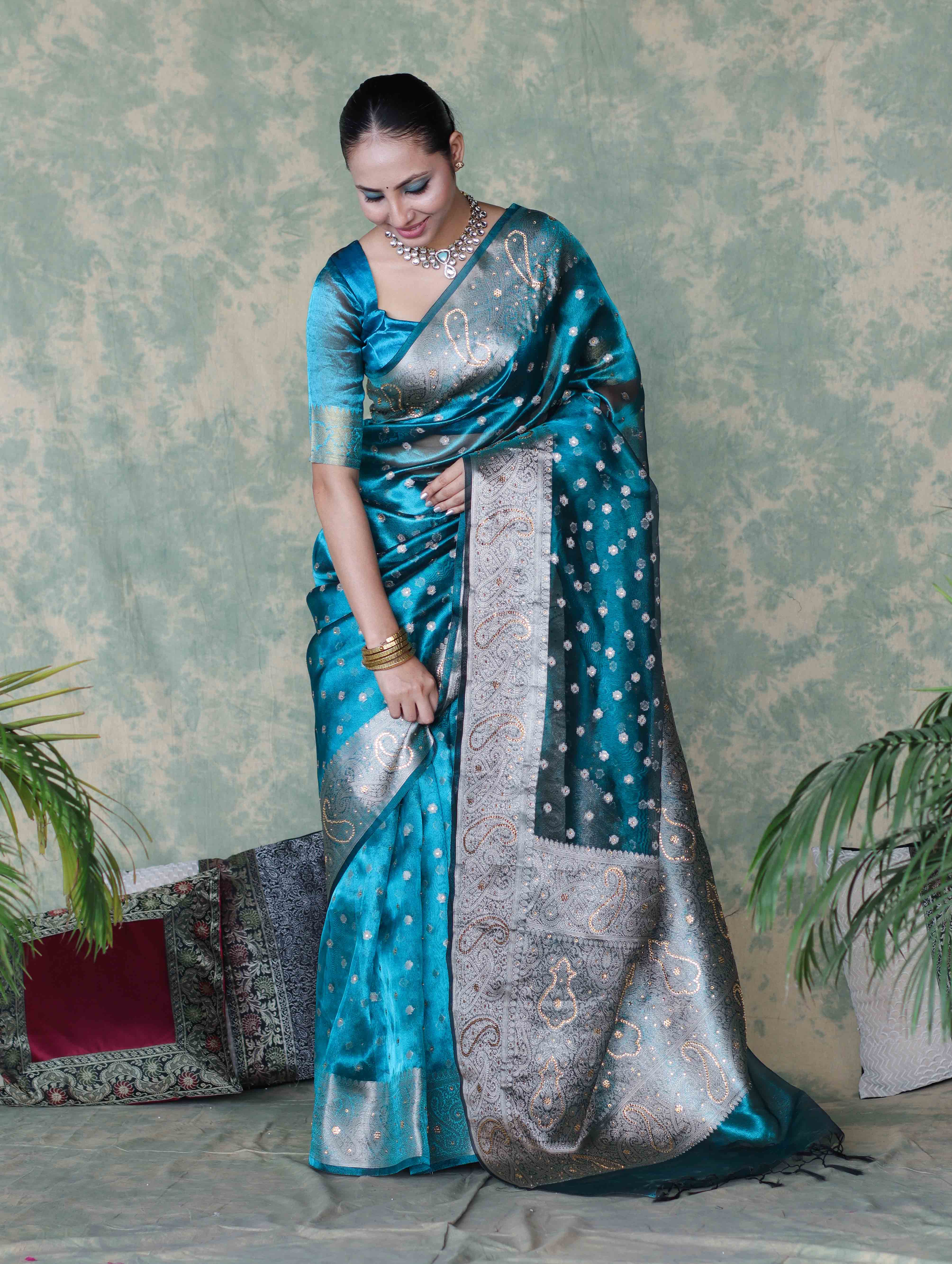 Banarasee Handwoven Tissue Saree With Zari Buti & Swarovski Work-Turquoise Blue