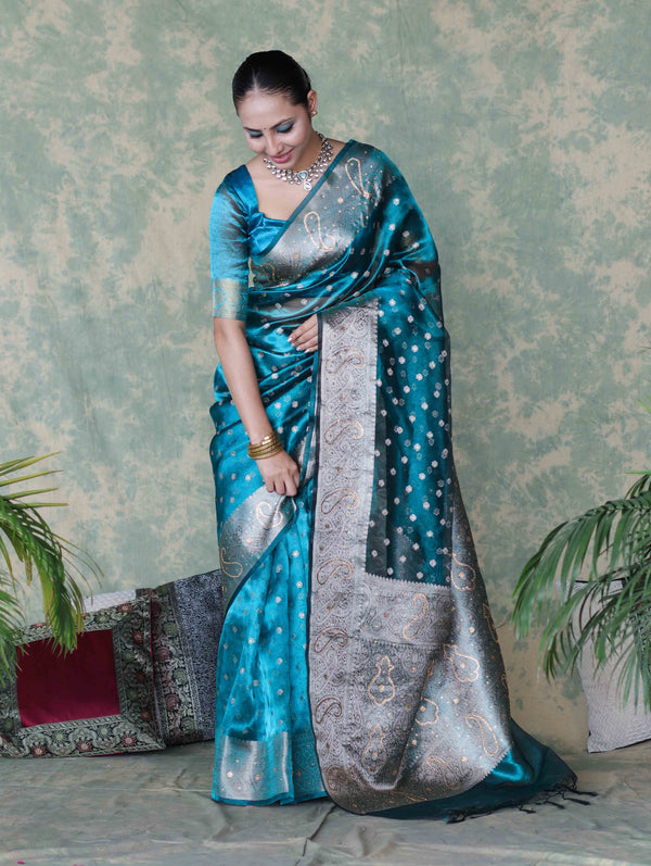 Banarasee Handwoven Tissue Saree With Zari Buti & Swarovski Work-Turquoise Blue