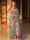 Banarasee Handwoven Mirror Work Crushed Tissue Saree With Contrast Border-Blue & Pink
