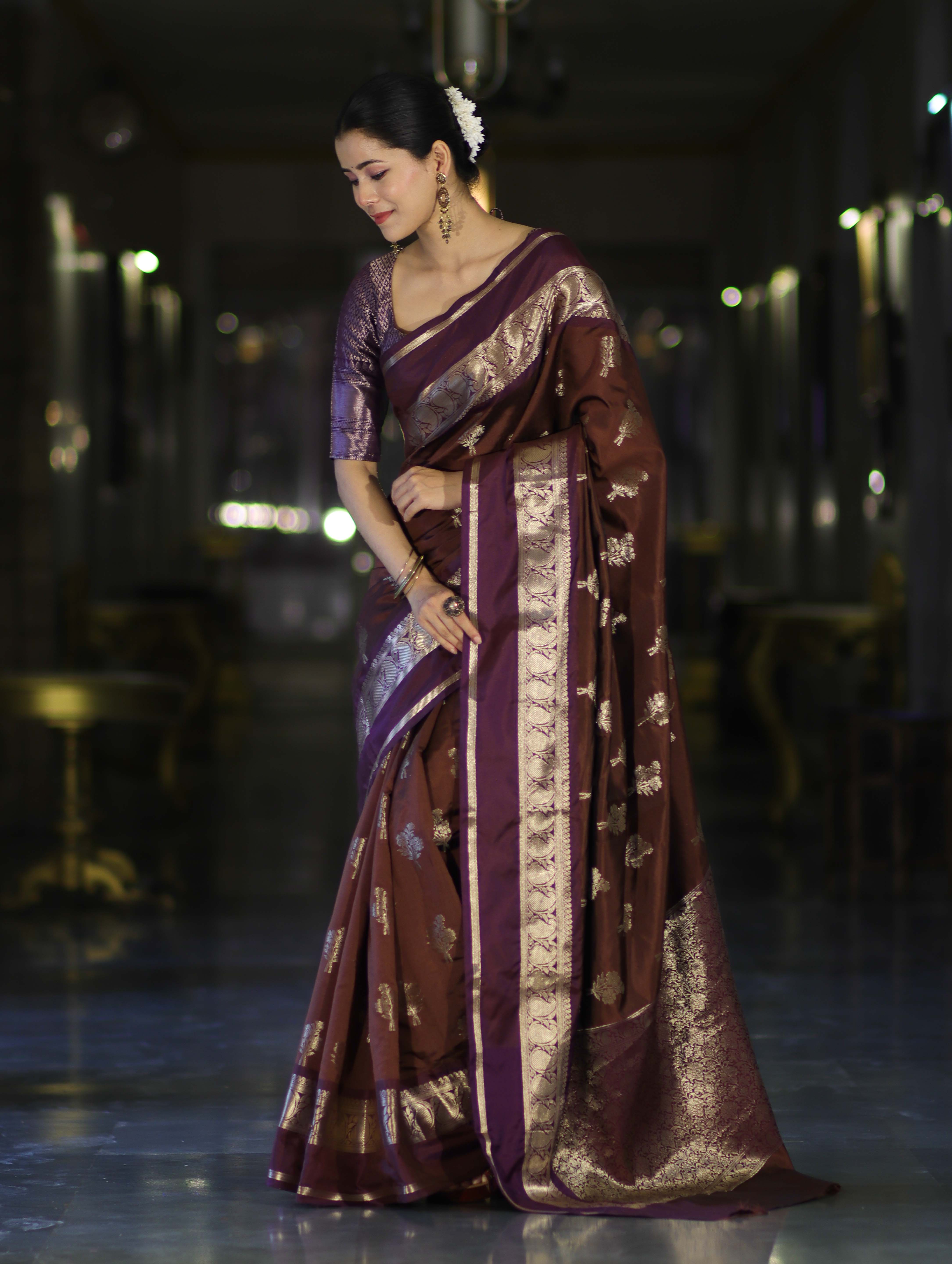 Banarasee Handloom Semi Silk Saree With Zari Buta Work Contrast Border-Brown