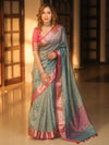 Banarasee Handwoven Mirror Work Crushed Tissue Saree With Contrast Border-Blue & Pink