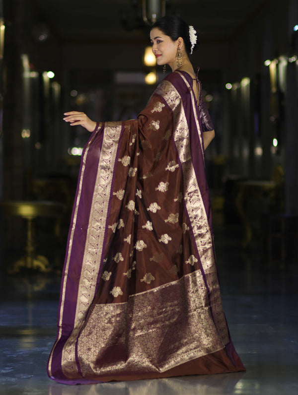 Banarasee Handloom Semi Silk Saree With Zari Buta Work Contrast Border-Brown