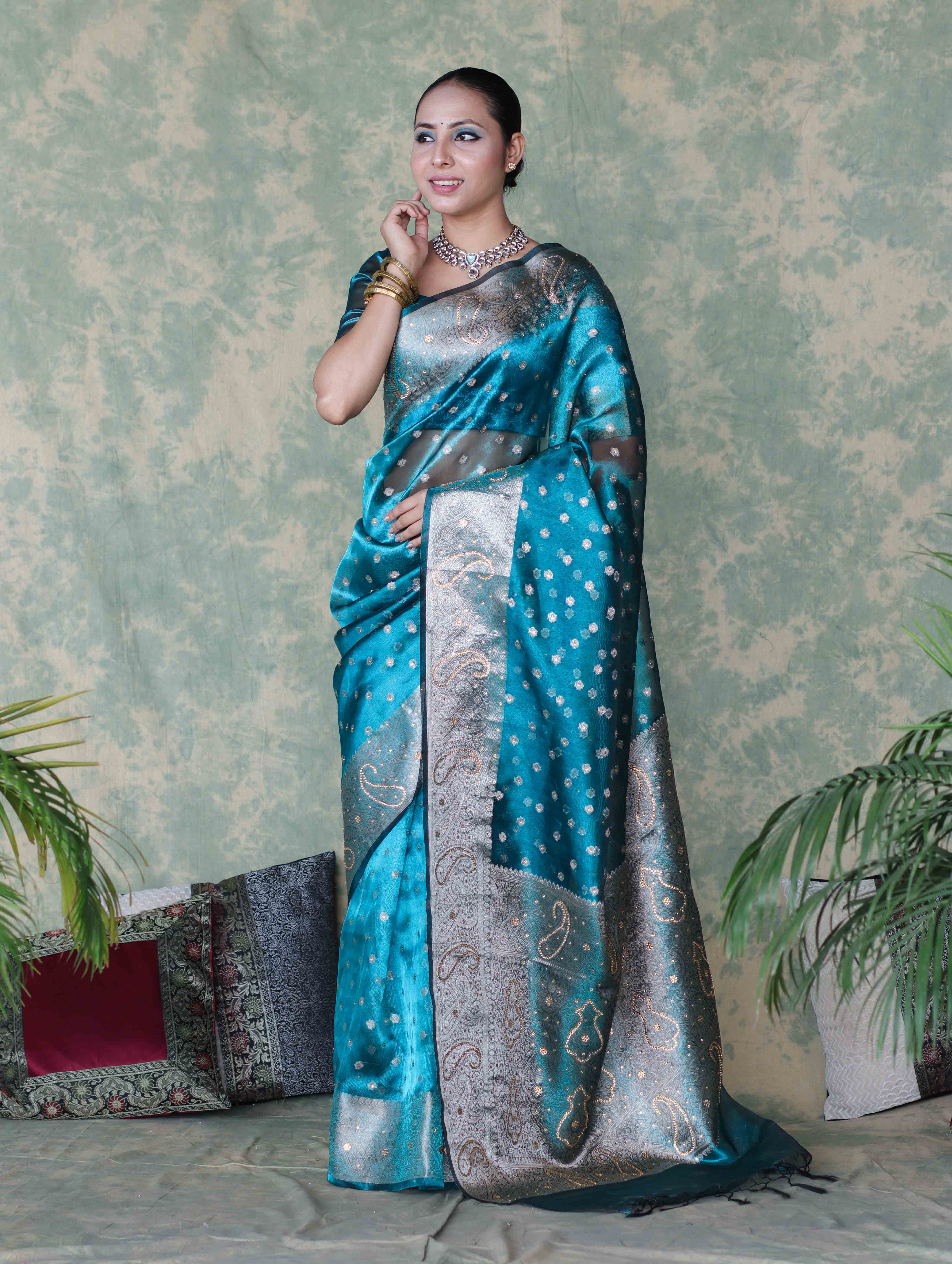 Banarasee Handwoven Tissue Saree With Zari Buti & Swarovski Work-Turquoise Blue
