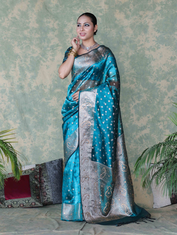 Banarasee Handwoven Tissue Saree With Zari Buti & Swarovski Work-Turquoise Blue