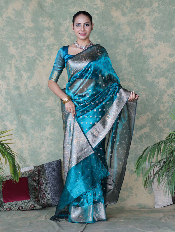 Banarasee Handwoven Tissue Saree With Zari Buti & Swarovski Work-Turquoise Blue