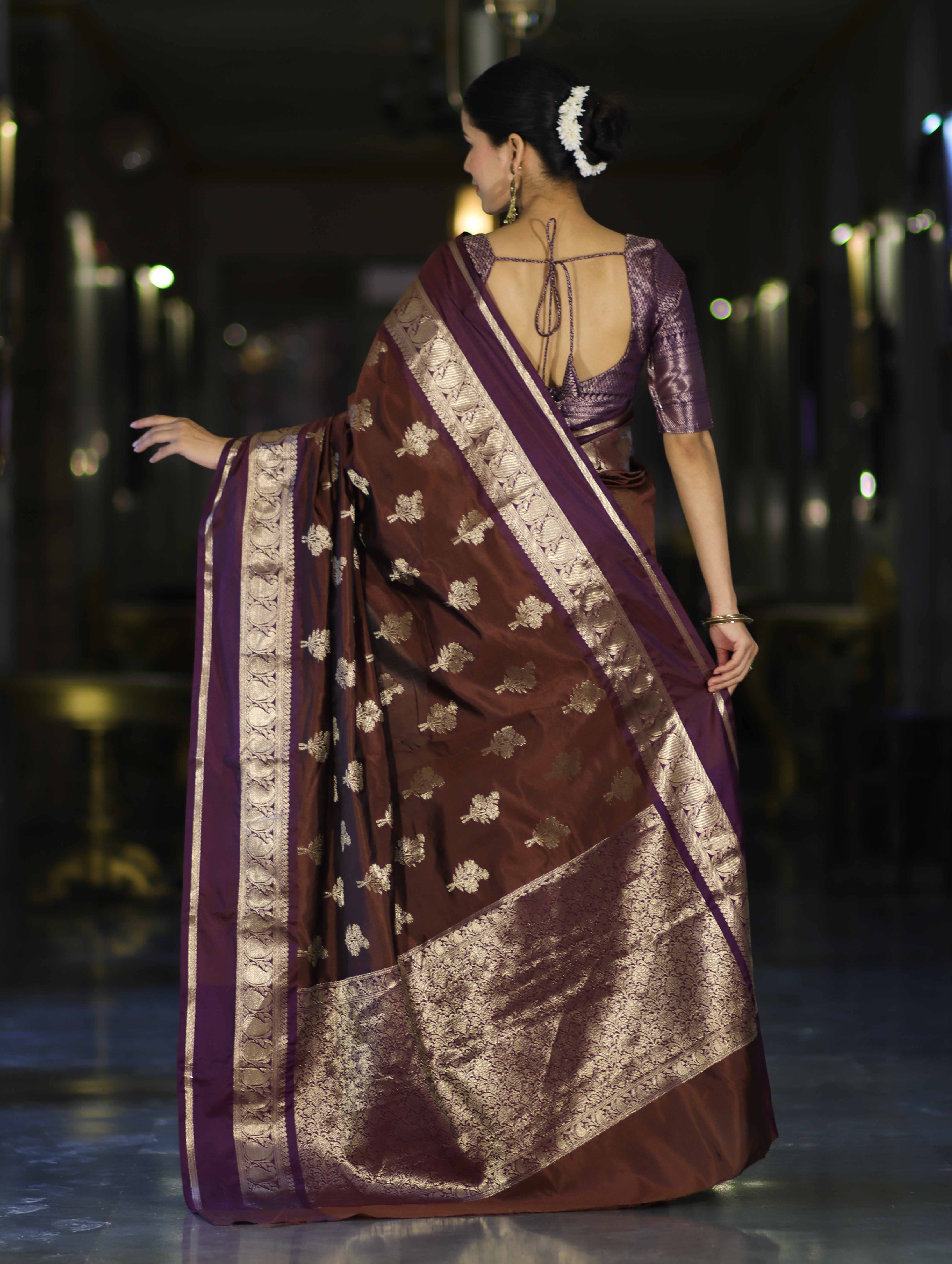 Banarasee Handloom Semi Silk Saree With Zari Buta Work Contrast Border-Brown