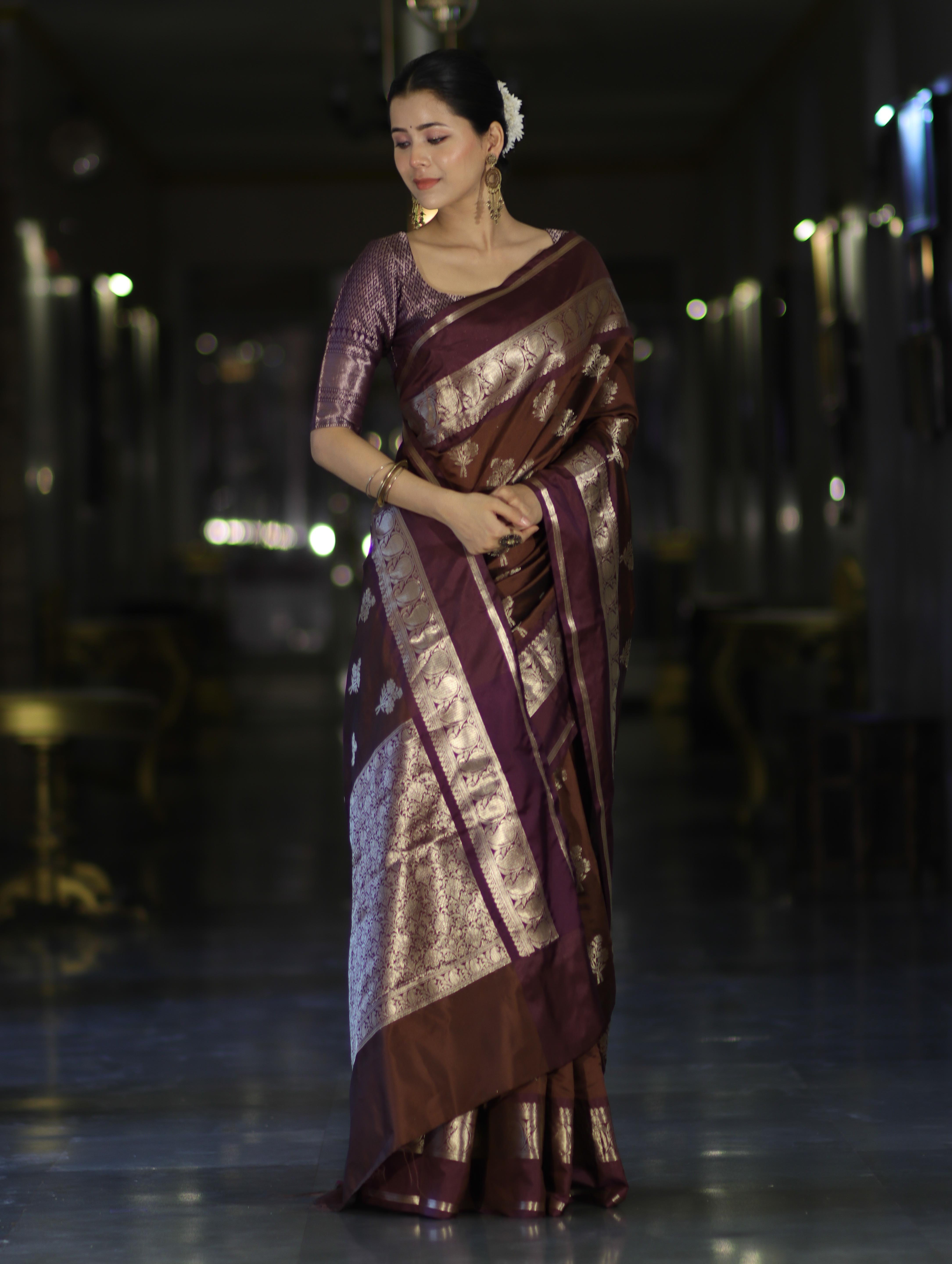 Banarasee Handloom Semi Silk Saree With Zari Buta Work Contrast Border-Brown