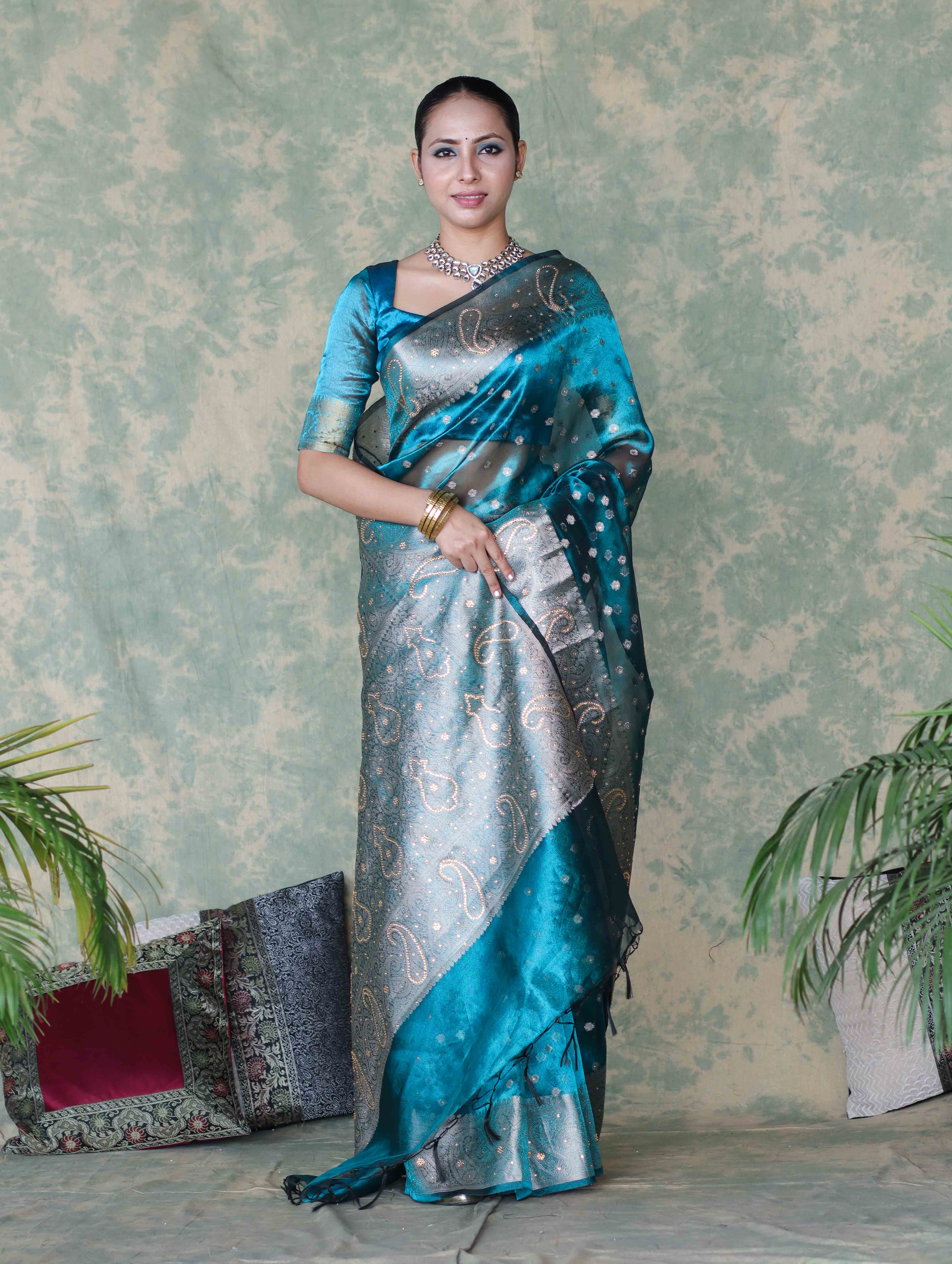 Banarasee Handwoven Tissue Saree With Zari Buti & Swarovski Work-Turquoise Blue