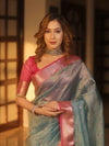 Banarasee Handwoven Mirror Work Crushed Tissue Saree With Contrast Border-Blue & Pink