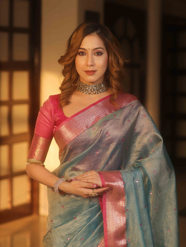 Banarasee Handwoven Mirror Work Crushed Tissue Saree With Contrast Border-Blue & Pink