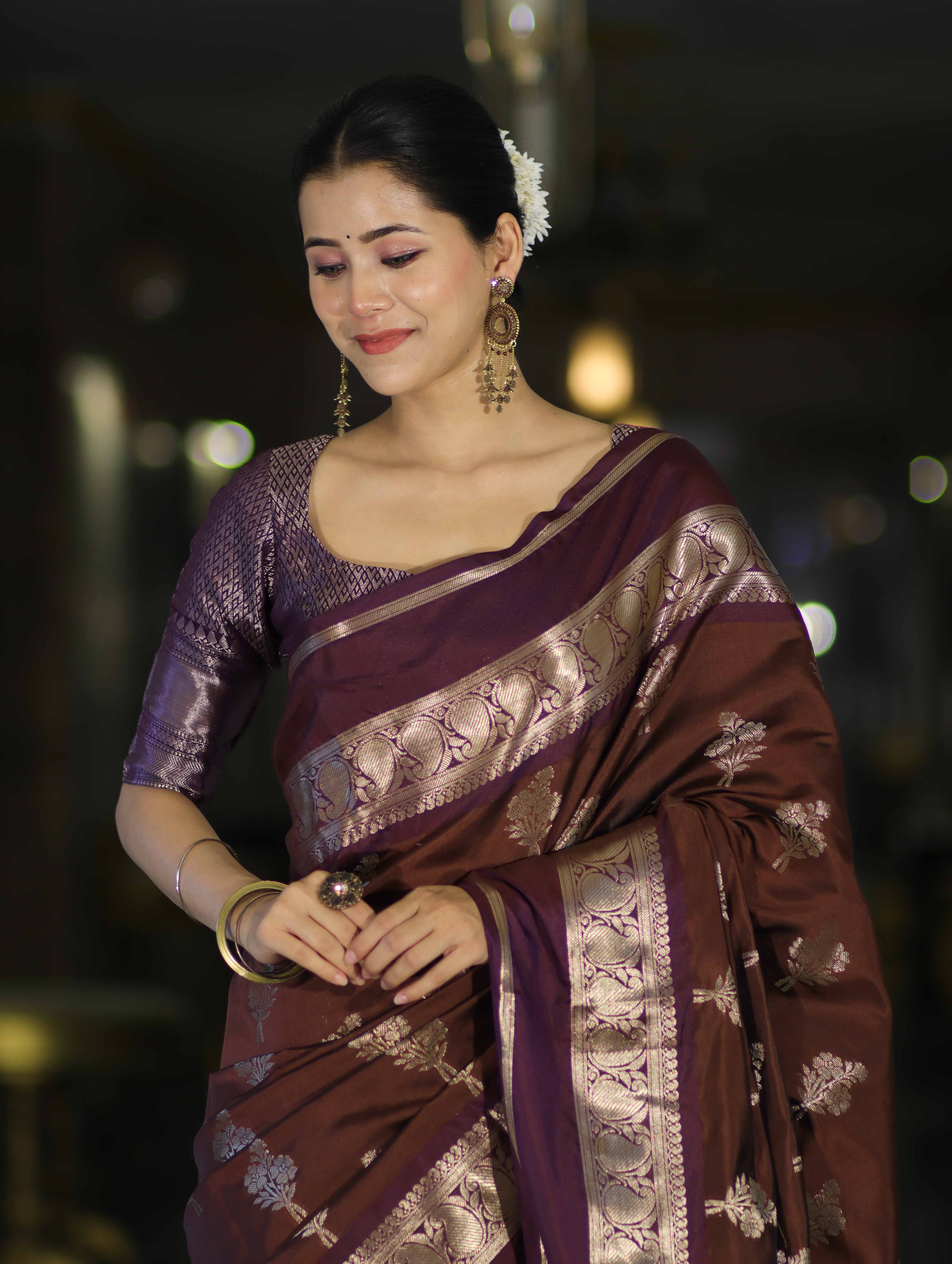 Banarasee Handloom Semi Silk Saree With Zari Buta Work Contrast Border-Brown