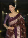 Banarasee Handloom Semi Silk Saree With Zari Buta Work Contrast Border-Brown