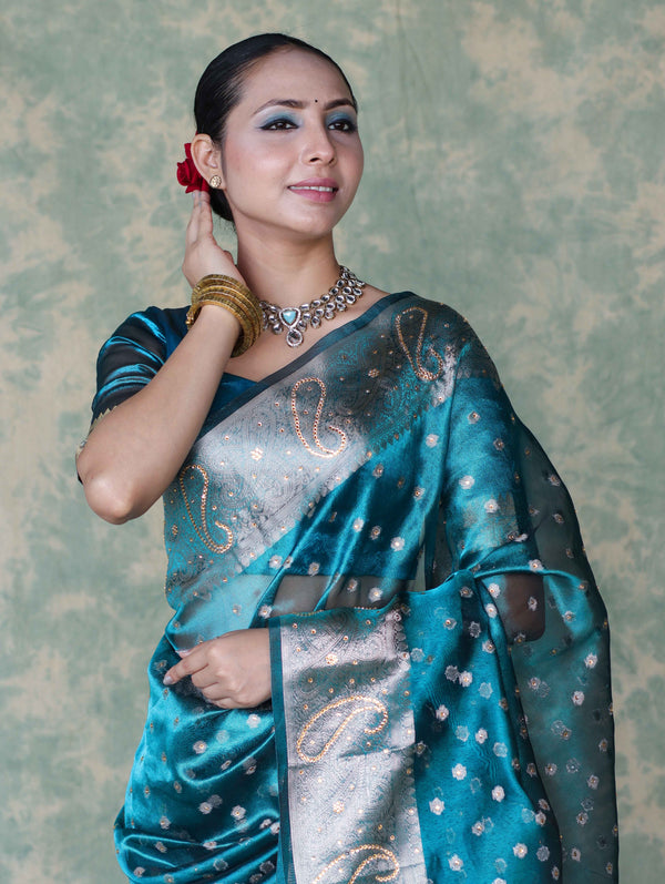 Banarasee Handwoven Tissue Saree With Zari Buti & Swarovski Work-Turquoise Blue