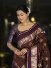 Banarasee Handloom Semi Silk Saree With Zari Buta Work Contrast Border-Brown