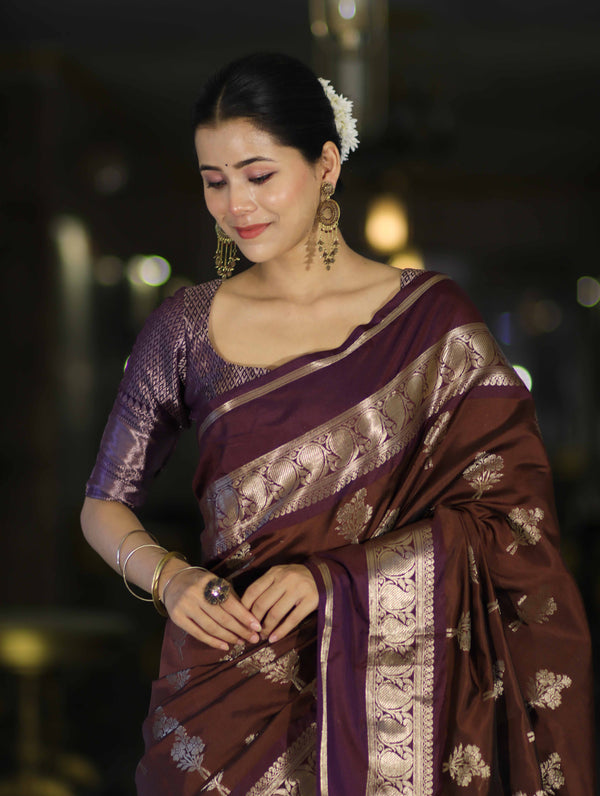 Banarasee Handloom Semi Silk Saree With Zari Buta Work Contrast Border-Brown