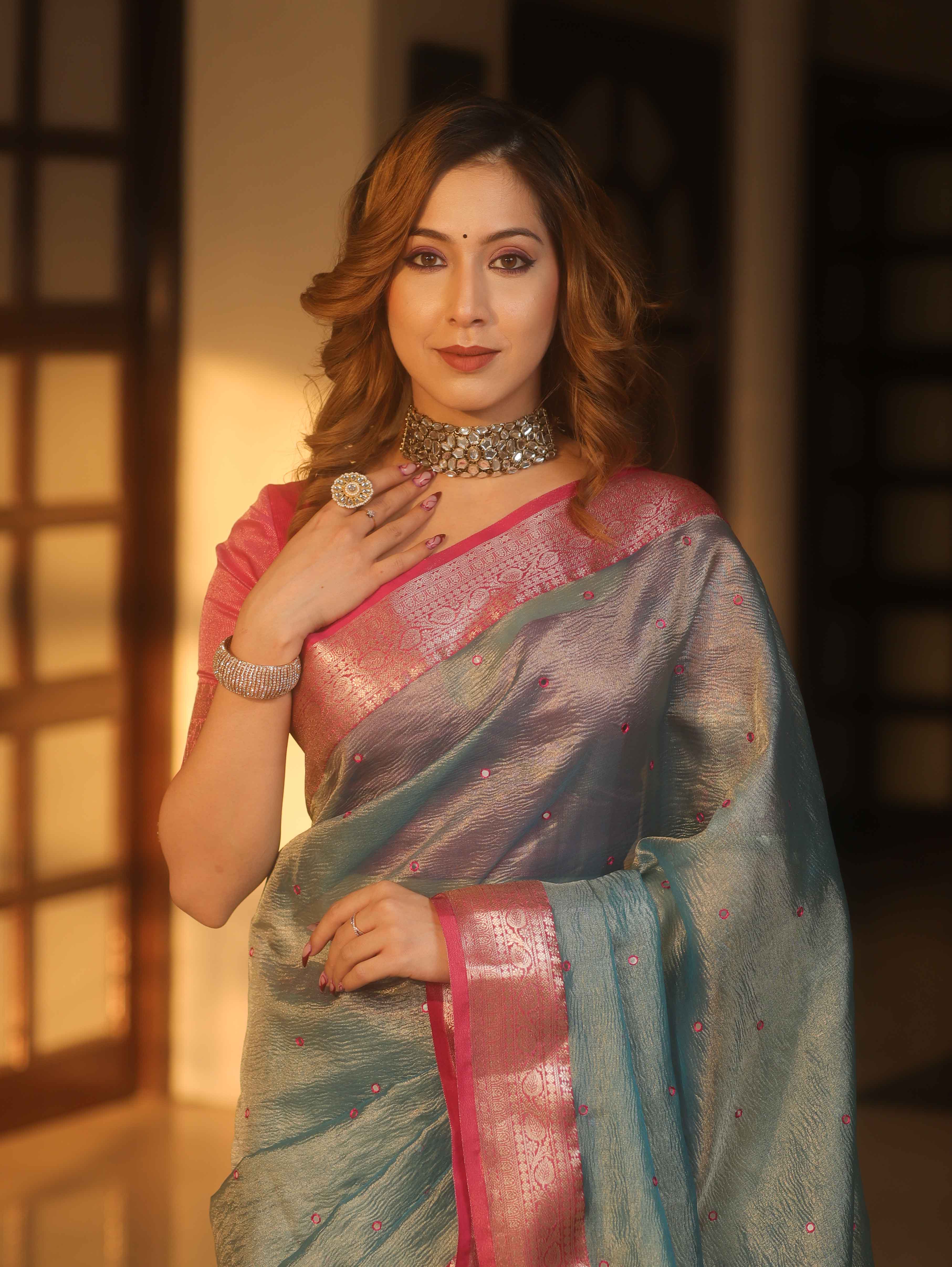 Banarasee Handwoven Mirror Work Crushed Tissue Saree With Contrast Border-Blue & Pink