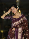 Banarasee Handloom Semi Silk Saree With Zari Buta Work Contrast Border-Brown