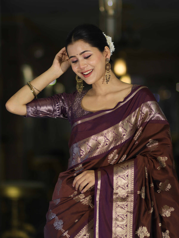 Banarasee Handloom Semi Silk Saree With Zari Buta Work Contrast Border-Brown