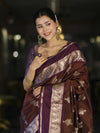 Banarasee Handloom Semi Silk Saree With Zari Buta Work Contrast Border-Brown