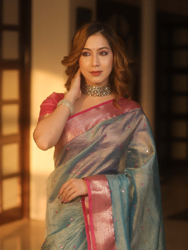 Banarasee Handwoven Mirror Work Crushed Tissue Saree With Contrast Border-Blue & Pink