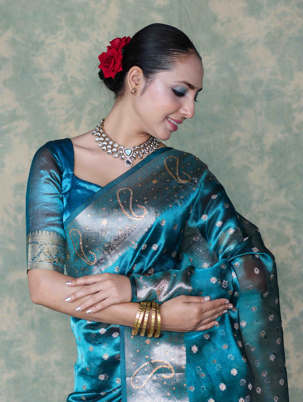 Banarasee Handwoven Tissue Saree With Zari Buti & Swarovski Work-Turquoise Blue