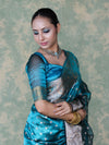 Banarasee Handwoven Tissue Saree With Zari Buti & Swarovski Work-Turquoise Blue