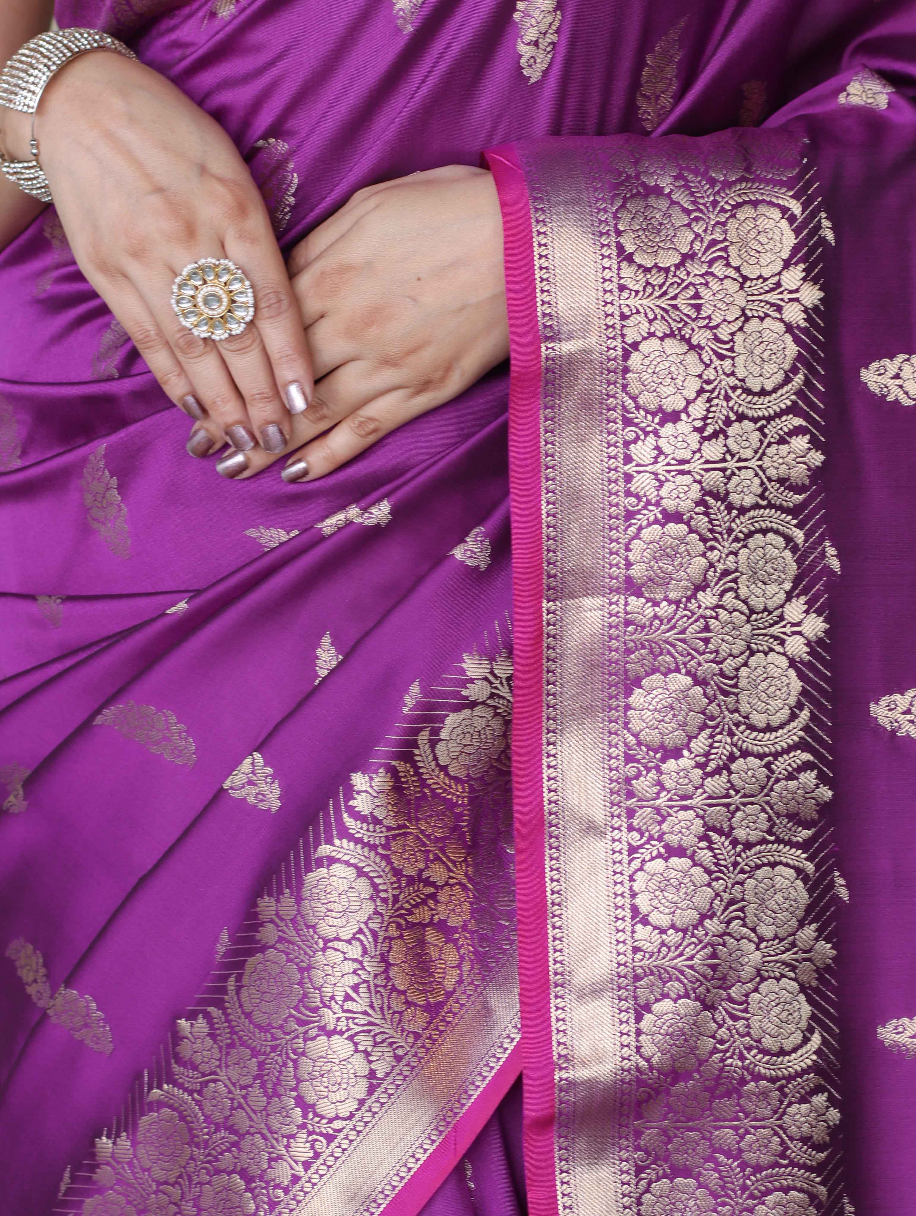 Banarasee Handloom Semi Silk Saree With Silver Zari Floral Design & Border-Violet